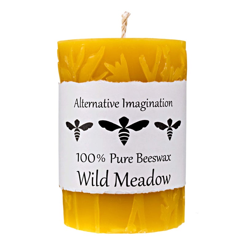 Alternative Imagination Wild Meadow Beeswax Candle - 100% Pure Beeswax, Natural Pillar Candles - 40 Hour Long Burn, 3x4 Inch - Unscented, Smokeless, Dripless - Alternative Imagination - Image 1